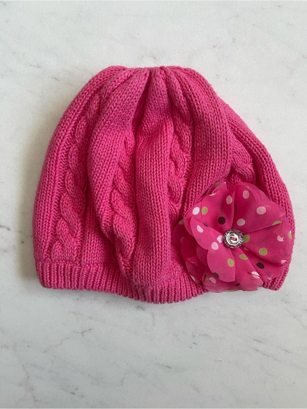 Gymboree Bright Pink Knit Beanie with Polka Dot Flower